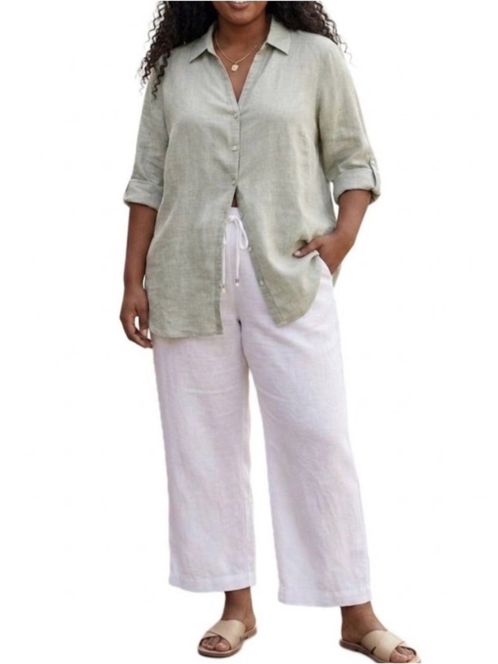 SIGRID OLSEN 100% Linen Shirt 1X Sage Green Button Roll Tab Sleeve Blouse